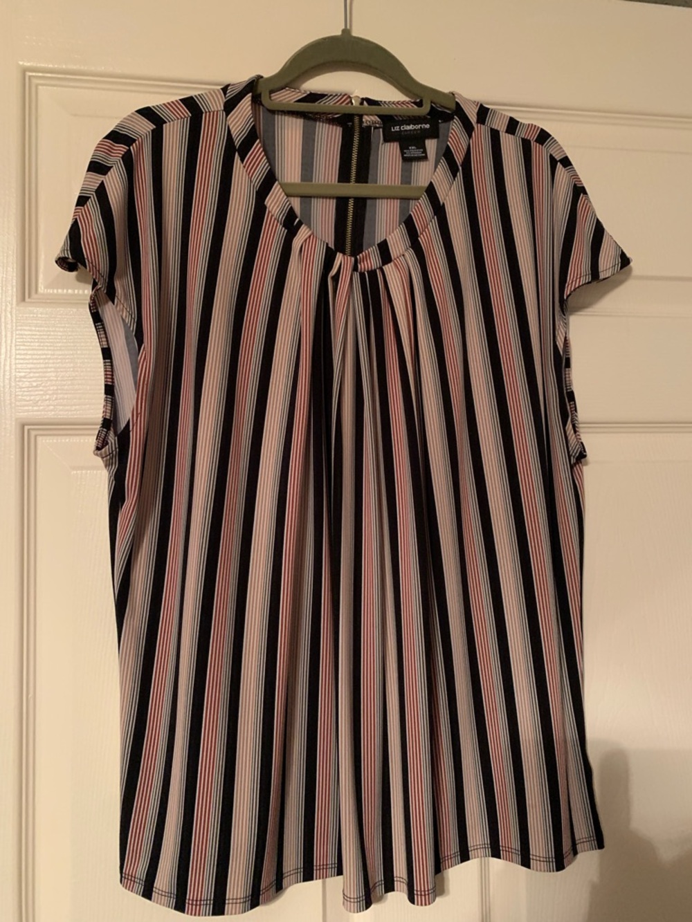 Liz Claiborne Black, Pink & White Vertical-Stripe Cap-Sleeve Blouse